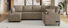 109.9" Sectional Sofa Versatile Sofa Bed Sofa Sleeper U-shaped Sofa with Ample Storage Space, Two Cup Holders and Charging Ports for Living Room, Brown