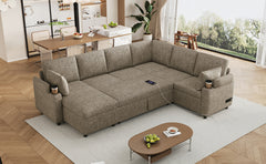 109.9" Sectional Sofa Versatile Sofa Bed Sofa Sleeper U-shaped Sofa with Ample Storage Space, Two Cup Holders and Charging Ports for Living Room, Brown