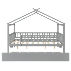 Full Size Wooden House Bed with Twin Size Trundle, Gray