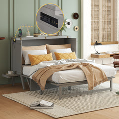 Queen Size Murphy Bed with USB Port and Removable Shelves on Each Side, Solid Pine Murphy Cabinet Bed for Home Office, Guest Room,Grey