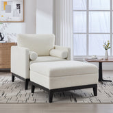 35.4 "Wide Farmhouse Performance Upholstered Wood Base Square Accent Arm Chair with Ottoman Black Finish Legs with Reversible Lid Coffee Table for Living Room Office and Lounge, Ivory Boucle.