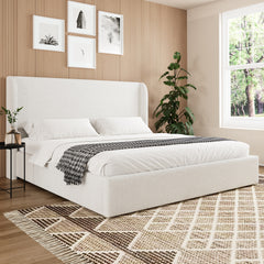 King Size Boucle Bed Frame, Upholstered Cloud Bed Frame with Headboard, Metal Legs and Slats, No Box Spring Needed, WhiteKing