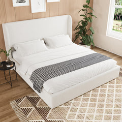 King Size Boucle Bed Frame, Upholstered Cloud Bed Frame with Headboard, Metal Legs and Slats, No Box Spring Needed, WhiteKing
