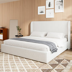Queen Size Boucle Bed Frame, Upholstered Cloud Bed Frame with Headboard, Solid Wood Legs and Slats, No Box Spring Needed, White