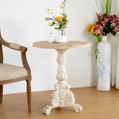 Accent Coffee Table, Antique Pedestal Table, Solid Wood Top with MGO Base for Living Room, Natural+Antique White