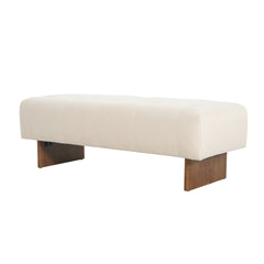 Rectangular Upholstered Tufted Linen Fabric Ottoman Bench, Solid Wood Legs, Beige