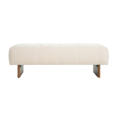 Rectangular Upholstered Tufted Linen Fabric Ottoman Bench, Solid Wood Legs, Beige