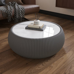 Light Sintered stone Top Drum Shape Leather Coffee modern Sofa Table for Living Room furniture ( Each tabletop has a unique grey pattern)