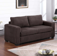 Chocolate Finish 2pc Sofa Set Back Cushion Plastic Legs Cup Holders Charging Port Corduroy Upholstered Modern Primary Living Room