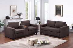 Chocolate Finish 2pc Sofa Set Back Cushion Plastic Legs Cup Holders Charging Port Corduroy Upholstered Modern Primary Living Room