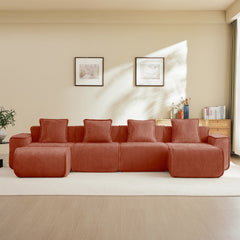 Streamlined Design Modular 4 Seat U Shape Sectional Boneless Sofa with French Edge Piping, No Assembly Required,4-Seat Sofa Couch with Throw Pillows and 2 Movable Ottomans, Velvet Fabric Red