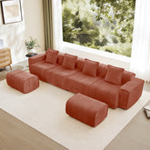 Streamlined Design Modular 4 Seat U Shape Sectional Boneless Sofa with French Edge Piping, No Assembly Required,4-Seat Sofa Couch with Throw Pillows and 2 Movable Ottomans, Velvet Fabric Red