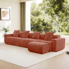 Streamlined Design Modular 4 Seat L Shape Sectional Boneless Sofa with French Edge Piping, No Assembly Required, 4-Seat Sofa Couch with Throw Pillows and 1 Movable Ottoman, Velvet Fabric Red