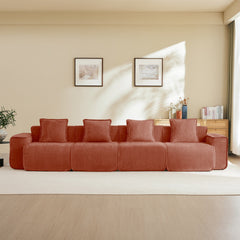 Streamlined Design Deep Seat Modular 4 Seat Boneless Sofa with French Edge Piping,No Assembly Required, Modern Modular 4 - Seat Sofa Couch with Throw Pillows,Velvet Fabric Red
