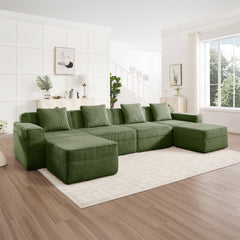 Modular 4 Seat U Shape Sectional Boneless Sofa, Cloud Sectional Couch with Deep Seat, Modern Modular 4-Seat Sofa Couch with Throw Pillows and 2 Movable Ottomans, Corduroy Fabric Green