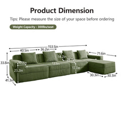Modular 4 Seat L Shape Sectional Boneless Sofa, Cloud Sectional Couch with Deep Seat, Modern Modular 4-Seat Sofa Couch with Throw Pillows and 1 Movable Ottoman, Corduroy Fabric Green