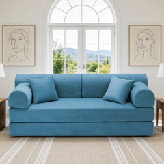 Convertible Sleeper Sofa Bed with Cylindrical Pillow, Corduroy Folding Mattress Couch with Fixed-Shape Frame, Floor Sofa Lounge Couch for Living Room Bedroom(Azure)