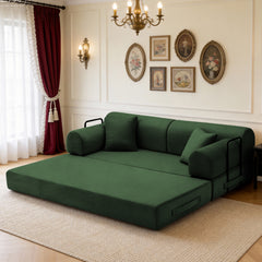 Convertible Sleeper Sofa Bed with Cylindrical Pillow, Corduroy Folding Mattress Couch with Fixed-Shape Frame, Floor Sofa Lounge Couch for Living Room Bedroom( green)