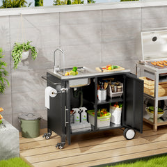 Outdoor Grill Table with Sink, Grill Cart with 304 Stainless Steel Sink and Cabinet, Outdoor Grill Cart,Outdoor Cart Sink Station with Wheels, L38" x W18" x H35"