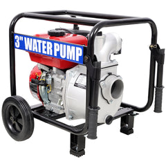 Gas Engine Powered Water Pump 3" inlet&outlet, Flow:264Gpm , 7HP Engine 212CC, EPA Certificated, 3in NPT Connector, 3in to 2in coupler 2in1, 50 ft Discharge Hose, 12 ft Suction Hose, Wheels and Handle