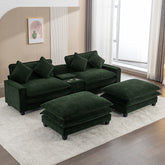 111" Sectional Sofa Chenille Upholstered Sofa with Two Removable Ottoman, Two USB Ports, Two Cup Holders and Large Storage Box for Living Room, Green