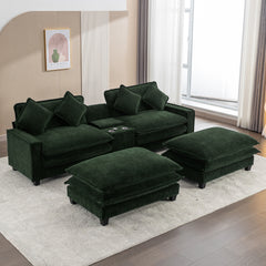111" Sectional Sofa Chenille Upholstered Sofa with Two Removable Ottoman, Two USB Ports, Two Cup Holders and Large Storage Box for Living Room, Green