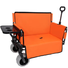3-in-1 Folding Wagon with Bench Seat & Rear-Mounted Folding Tabletop – 500lbs Capacity, 9"x4" Beach Tires for Camping, Orange