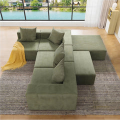 4-Seat Modular Sofa Sectional with Oversized Chaise & Ottomans - Cloud Couch in Soft Corduroy Fabric for Small Spaces, Living Room, Apartment (Green)