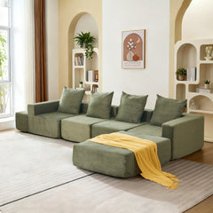 4-Seat Modular Sofa Sectional with Oversized Chaise & Ottomans - Cloud Couch in Soft Corduroy Fabric for Small Spaces, Living Room, Apartment (Green)