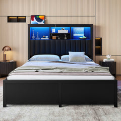 Queen Bed Frame with High Storage Headboard, Bed Frame with LED light and Charging Station , 4 Storage Drawers , No Box Spring Needed/Noise Free/All-Metal Support, Black