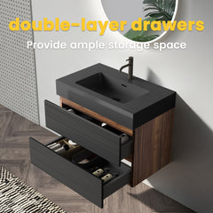 Grace 30'' Bathroom Vanity with Matt Black Engineered Quartz Sink and Soft Black Drawers, Wall Mounted Floating Bathroom Vanity for Modern Bathroom, One-Piece Matt Black Basin, KD