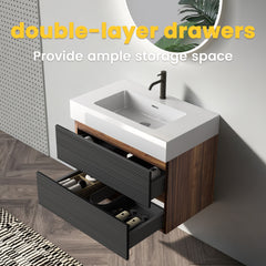 30' Bathroom Vanity with Sink Engineered Quartz Sink and Soft Black Drawers, Wall Mounted Floating Bathroom Vanity for Modern Bathroom, One-Piece White Glossy
Basin without drainage and faucet, KD