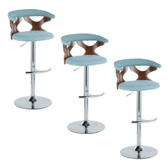 Gardenia Mid-Century Modern Adjustable Barstool with Swivel in Chrome Metal, Walnut Wood and Teal Fabric with Rounded T Footrest by LumiSource - Set of 3