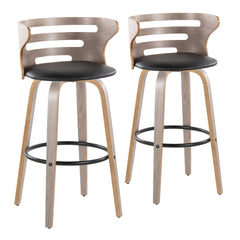 Cosini 30" Mid-Century Modern Fixed-Height Barstool with Swivel in Light Grey Wood and Black Faux Leather with Round Black Metal Footrest by LumiSource - Set of 2