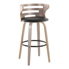 Cosini 30" Mid-Century Modern Fixed-Height Barstool with Swivel in Light Grey Wood and Black Faux Leather with Round Black Metal Footrest by LumiSource - Set of 2