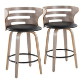 Cosini 26" Mid-Century Modern Fixed-Height Barstool with Swivel in Light Grey Wood and Black Faux Leather with Round Black Metal Footrest by LumiSource - Set of 2