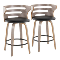 Cosini 26" Mid-Century Modern Fixed-Height Barstool with Swivel in Light Grey Wood and Black Faux Leather with Round Black Metal Footrest by LumiSource - Set of 2