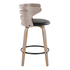 Cosini 26" Mid-Century Modern Fixed-Height Barstool with Swivel in Light Grey Wood and Black Faux Leather with Round Black Metal Footrest by LumiSource - Set of 2