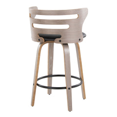 Cosini 26" Mid-Century Modern Fixed-Height Barstool with Swivel in Light Grey Wood and Black Faux Leather with Round Black Metal Footrest by LumiSource - Set of 2