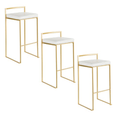 Fuji 30" Contemporary Barstool in Gold with White Faux Leather by LumiSource - Set of 3