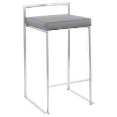 Fuji 26" Contemporary Stackable Counter Stool in Brushed Stainless Steel with Grey Faux Leather by LumiSource - Set of 3