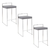 Fuji 26" Contemporary Stackable Counter Stool in Brushed Stainless Steel with Grey Faux Leather by LumiSource - Set of 3