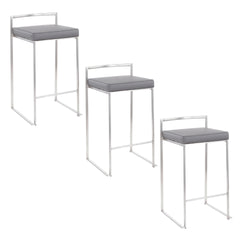 Fuji 26" Contemporary Stackable Counter Stool in Brushed Stainless Steel with Grey Faux Leather by LumiSource - Set of 3