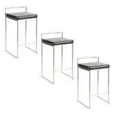 Fuji 26" Contemporary Stackable Counter Stool in Brushed Stainless Steel with Black Faux Leather by LumiSource - Set of 3