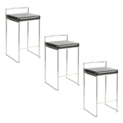 Fuji 26" Contemporary Stackable Counter Stool in Brushed Stainless Steel with Black Faux Leather by LumiSource - Set of 3