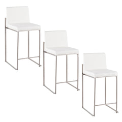Fuji 26" Contemporary High Back Counter Stool in Stainless Steel and White Faux Leather by LumiSource - Set of 3