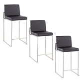 Fuji 26" Contemporary High Back Barstool in Stainless Steel and Black Faux Leather by LumiSource - Set of 3