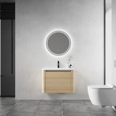 28'' Wall-Mounted Bathroom Vanity with White Ceramic Sink & 1-Soft-Close Door, KD-Packing, Plywood, American White Oak