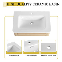 28'' Wall-Mounted Bathroom Vanity with White Ceramic Sink & 1-Soft-Close Door, KD-Packing, Plywood, American White Oak