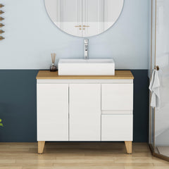 36-Inch Modern Bathroom Vanity with Sink Combo,2 Doors and 2 Big Drawer, Soft-Clost System,Handle-Free Design,Natural Solid Wood Top and Feet,Square-Shap Ceramic Basin On the Countertop,Glossy White